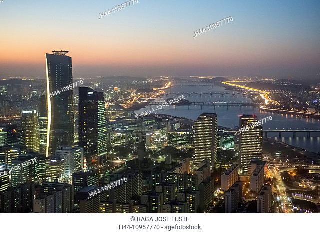 Korea, Asia, Seoul, Yeouido, aerial, apartments, architecture, blocks, center, city, colourful, financial, geometry, international, order, panorama, lights