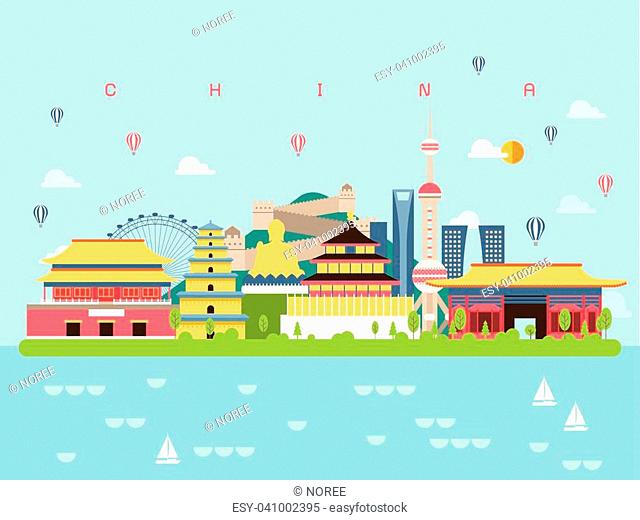 China Famous Landmarks Infographic Templates for Traveling Minimal Style and Icon, Symbol Set Vector Illustration Can be use for Poster Travel book, Postcard