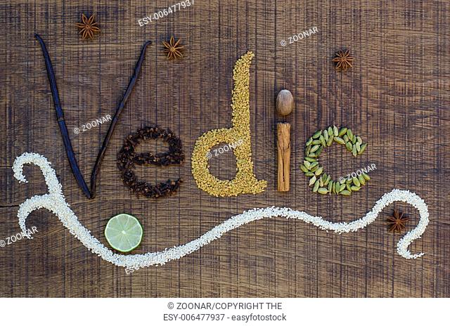 The word Vedic spelled out in ayurveda spices and