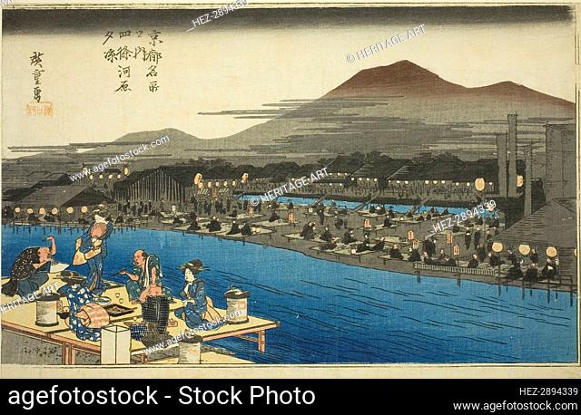 Enjoying the Evening Cool on the Riverbed at Shijo (Shijogawara yusuzumi), from the.., c. 1834. Creator: Ando Hiroshige