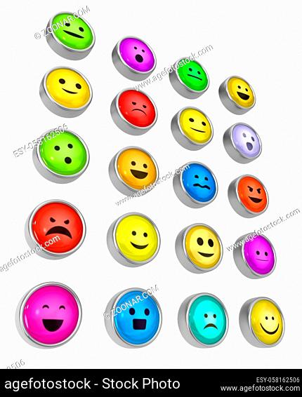 Emotion buttons metal 3d illustration, isolated, over white, horizontal