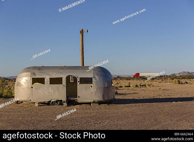 Discarded Airstream trailer, Bagdad Cafe, film location for the movie ""Out of Rosenheim"", Route 66, Newberry Springs, California, USA, North America