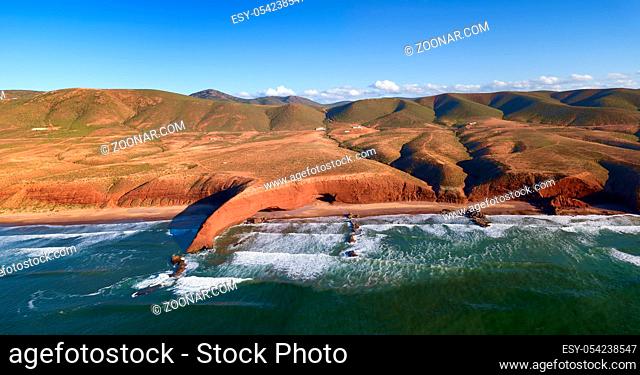 Aerial view on Legzira beach with arched rocks on the Atlantic coast in Morocco
