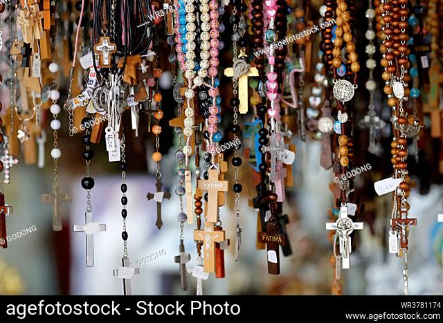 Souvenir shop with Rosary beads and religious medals, Sanctuary of Fatima, Centro, Portugal, Europe