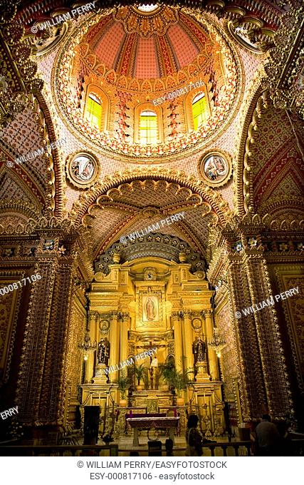 Ornate Guadalupita Church Interior Altar Cross and Dome Morelia, Mexico