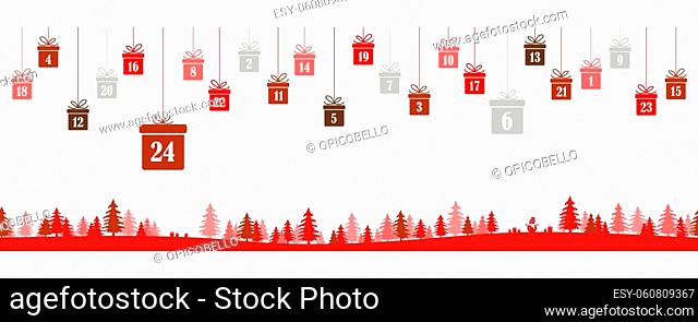 hanging christmas presents colored red with numbers 1 to 24 showing advent calendar for xmas and winter time concepts, red nature background with fir trees and...