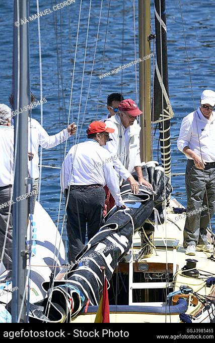 King Juan Carlos of Spain on board Bribon yatch during third series of the Spanish 6 Metres Cup day 1 at Sanxenxo Royal Yacht Club on May 20, 2022 in Sansenxo