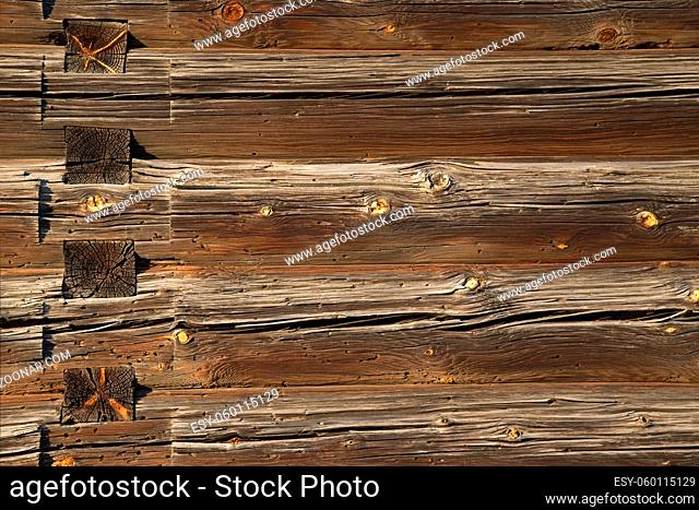 Old Log Cabin Wall Texture. Dark Rustic House Log Wall. Horizontal Timbered Background