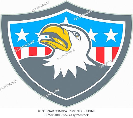Illustration of an american bald eagle head looking up viewed from the side with american stars and stripes flag in the background set inside shield crest done...