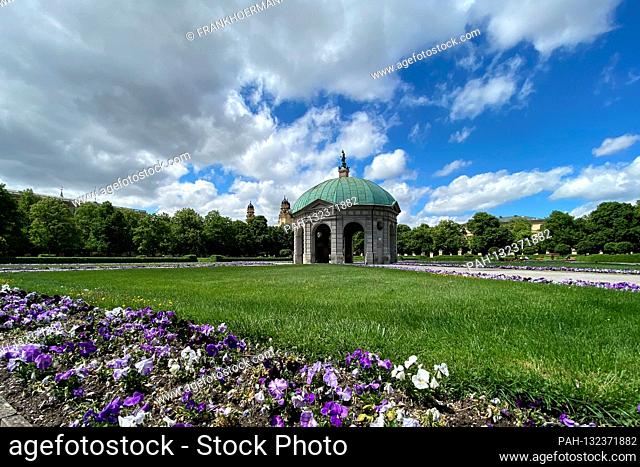 City of Munich - View of the courtyard garden with the Diana temple, a pavilion. Baroque park. Tourism, sights, sights, sightseeing on 12.05.2020