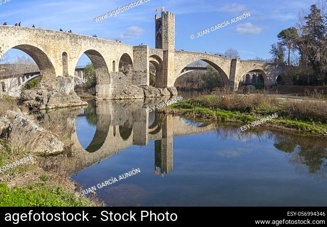 Fluvia riverside with medieval bridge at bottom, Besalu. Garrotxa, Girona, Catalonia, Spain