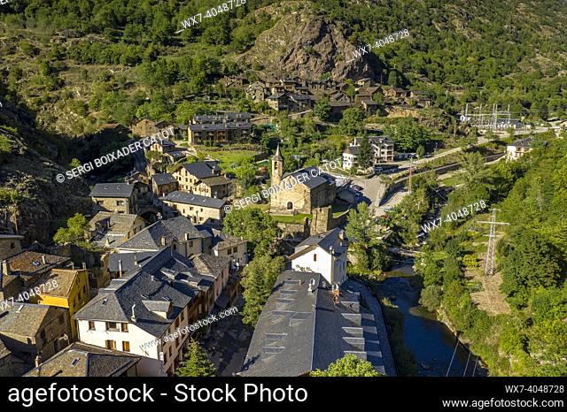 Aerial view of the town of Tavascan and the Cardós valley (Pallars SobirÃ , Lleida, Catalonia, Spain, Pyrenees)