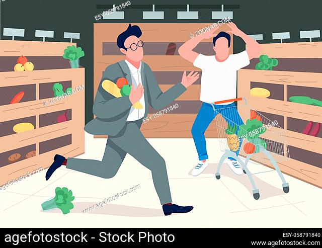 Shoppers in panic flat color vector illustration. Panicking store customers 2D cartoon characters with empty supermarket shelves on background