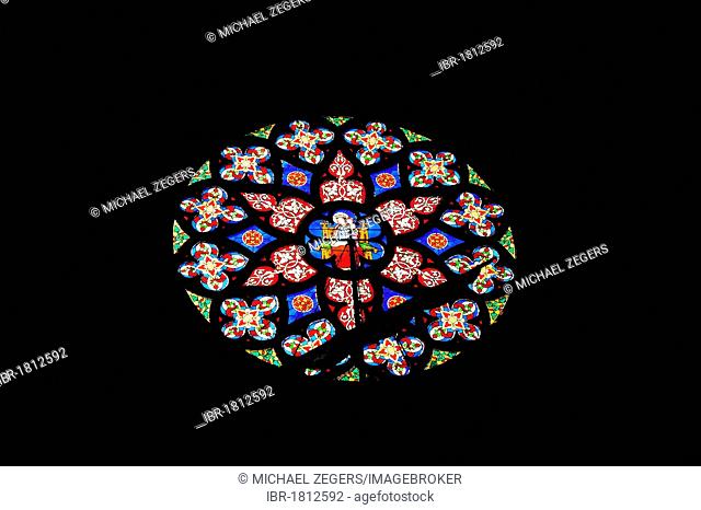 Rosette with stained glass, lead glass window, Notre Dame du Sablon Church, Zavel Kerk, city centre, Brussels, Belgium, Benelux, Europe