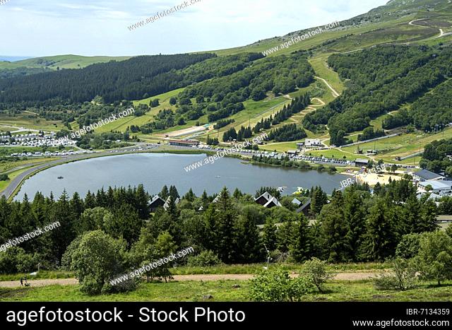 View of Lac des Hermines and Super-Besse winter sports resort in Auvergne Volcanoes Regional Nature Park, Puy de Dome department, Auvergne-Rhone-Alpes, France