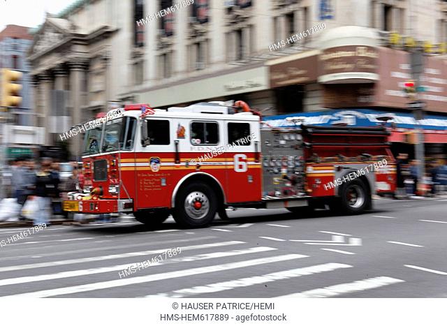 United States, New York City, Manhattan, fire truck in action