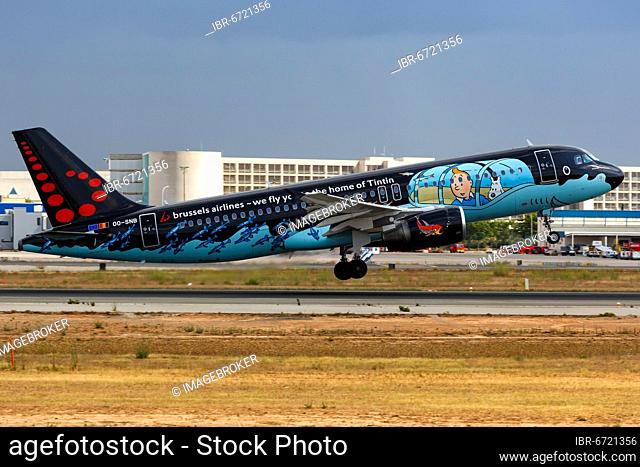 A Brussels Airlines Airbus A320 with the registration OO-SNB and the special livery Tintin takes off from Palma de Majorca Airport, Spain, Europe