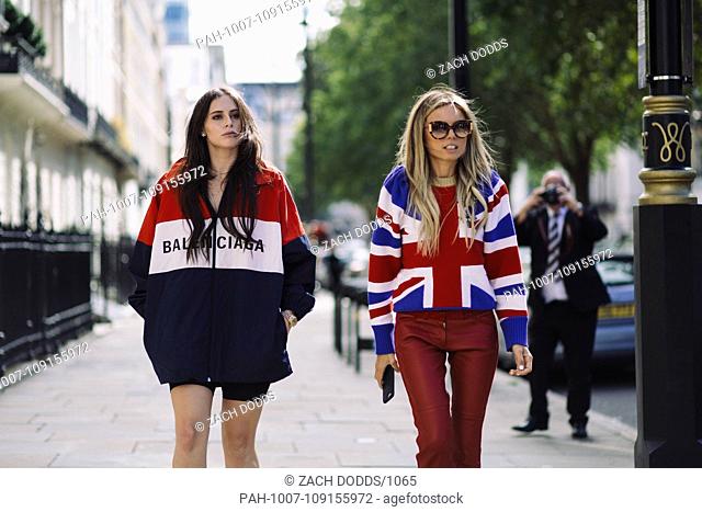 Alexa Dell and Erica Pelosini Leeman posing outside the Delpozo runway show during London Fashion Week - Sept 16, 2018 - Photo: Runway Manhattan ***For...
