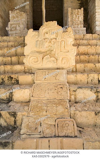 Sculpture, Serpent Head with Mayan Hieroglyphs, Structure 1, The Acroplolis, Ek Balam, Yucatec-Mayan Archaeological Site, Yucatan, Mexico