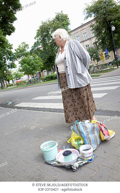 Woman selling her wares at a Polish outdoor sidewalk market rynek. Tomaszow Mazowiecki Central Poland