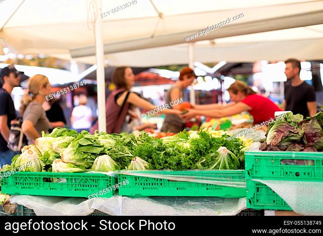 Blured random unrecodnised people buying daily fresh healthy homegrown vegetable at urban farmers' market stall with variety of organic vegetable