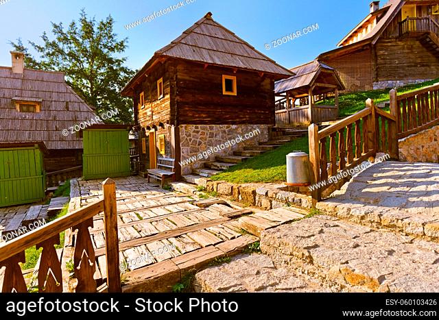 Traditional village Drvengrad Mecavnik in Serbia - architecture travel background