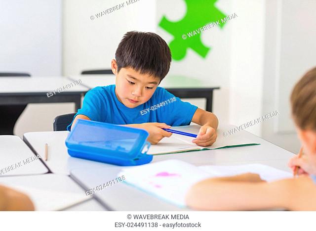 Schoolboy studying in classroom