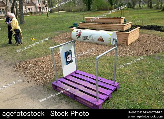 14 April 2022, Brandenburg, Cottbus: A mobile exhibition element stands by a raised bed designed according to historical models in the former princely orchard...