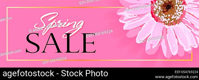 Spring banner with realistic flowers on a pink background. Vector illustration. The banner is ideal for promotions, magazines, advertising, websites
