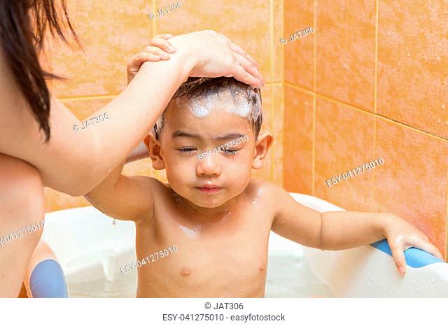 Closeup 2 Year Old Child Bathing In, Bathtub For 2 Year Old