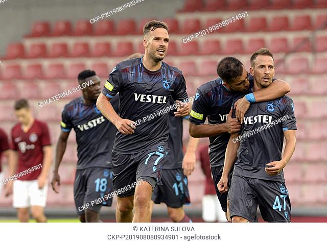 Trabzonspor's Filip Novak, front, and his teammates celebrate victory in qualifier match for football European League: AC Sparta Praha vs Trabzonspor in Prague
