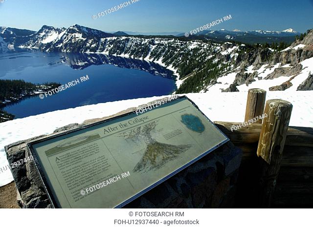 Crater Lake National Park, OR, Oregon, Cascade Range, Volcanic Legacy Scenic Byway, Rim Drive, Wizard Island, overlook, interpretive sign