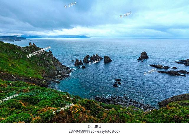 Evening Costa de Loiba landscape with blossoming bushes and rock formations near shore (Asturias, Spain)