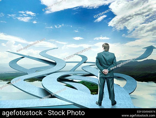 Businessman is choosing his way on nature background