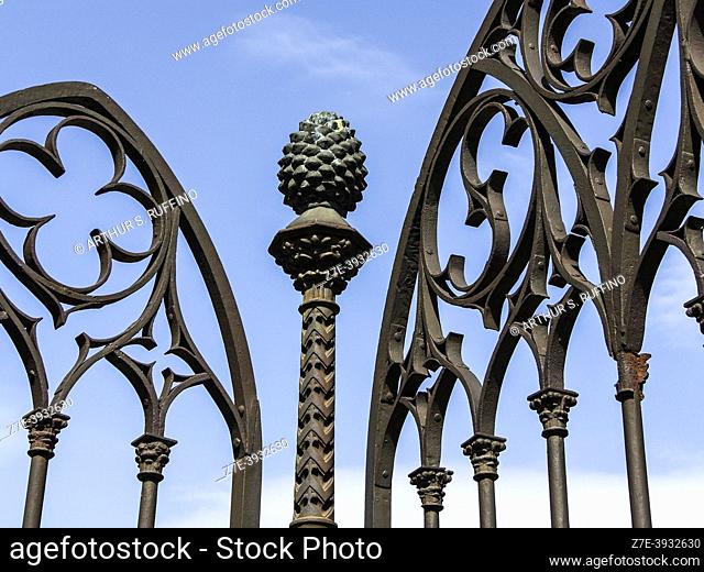 Ornate iron gate. Architectural detail. Basilica of Saint Mary (Basilica S. Maria), Piazza S. Maria (St. Mary Square). Randazzo, Metropolitan City of Catania