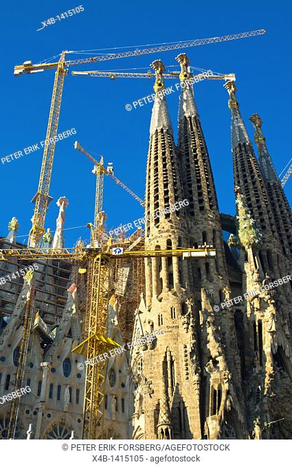 Temple Expiatiori de la Sagrada Familia church in process being built Eixample district Barcelona Spain Europe