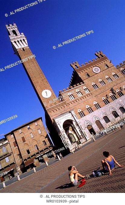 Italy, Tuscany, Siena, Campo square, Mangia Tower, Municipality Palace
