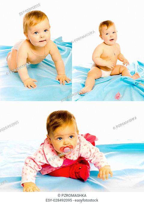 A set of three photos. Pretty baby girl on a blue blanket. Studio
