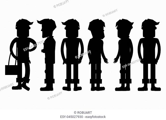 Set of hipster characters silhouettes. Collection of bearded men with rolled up pants and boots standing straight from different sides view vector figures...