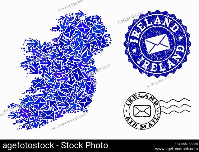 Mail collage of blue mosaic map of Ireland Island and unclean stamp seals. Vector imprints with unclean rubber texture with Airmail caption and envelope symbols