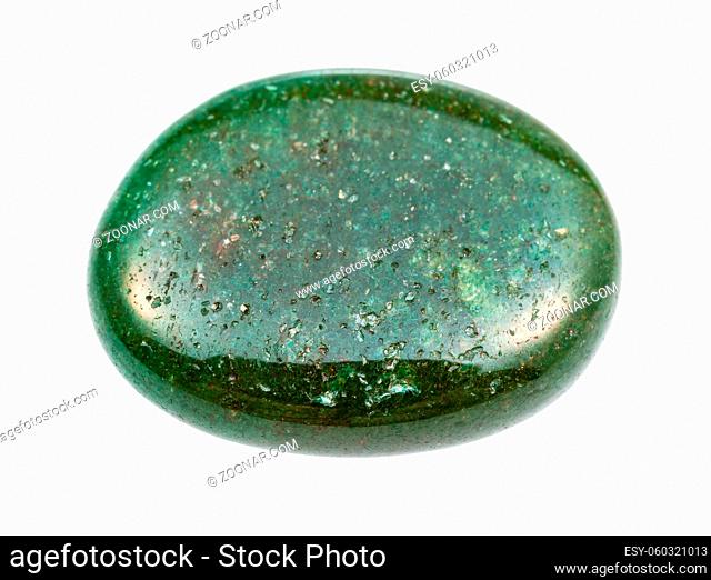 closeup of sample of natural mineral from geological collection - tumbled dark green Aventurine gem stone isolated on white background