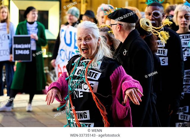 Dame Vivienne Westwood with her son, Joseph Corré alongside London Fashion Week models and activists take part in an anti-fracking protest catwalk show to...