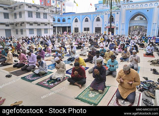 Muslims attending Friday prayers during the coronavirus pandemic at Hazrat Shahjalal Dorgarh Mosque, while maintaining social distancing and other health...
