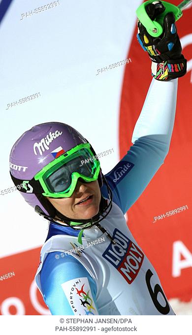Sarka Strachova of the Czech Republic reacts after the first run of the womens slalom at the Alpine Skiing World Championships in Vail - Beaver Creek, Colorado
