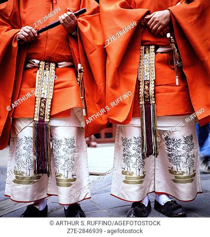 Procession participants dressed as Shinto priests. One-Thousand Person Procession (Hyakumonozoroe Sennin Gyoretsu). Reenactment of samurai procession...