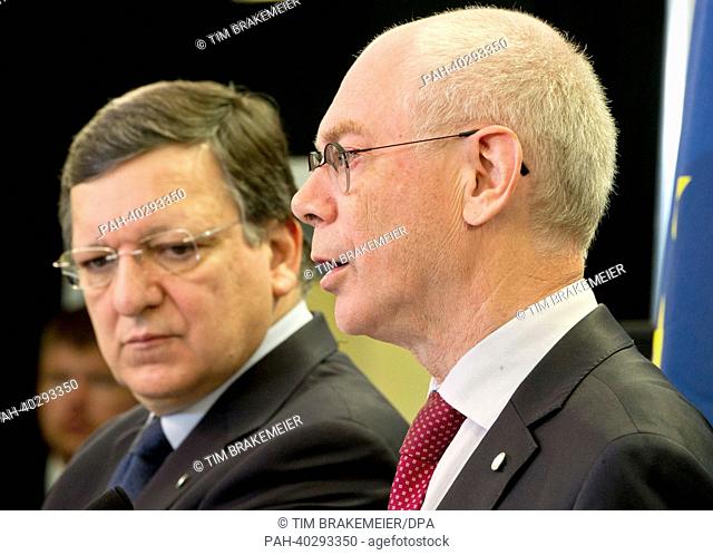 President of the European Commission Jose Manuel Barroso (L) and President of the European Council Herman Van Rompuy give a press conference at the G8 summit in...