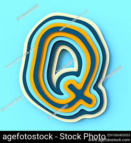 Colorful paper layers font Letter Q 3D render illustration isolated on blue background