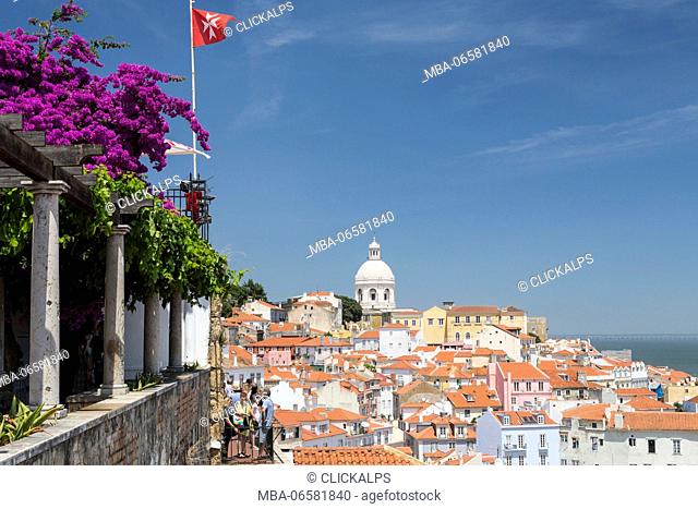 Flowers on a terrace frame terracotta roofs and the ancient dome at Miradouro Alfama Viewpoint of Lisbon Portugal Europe