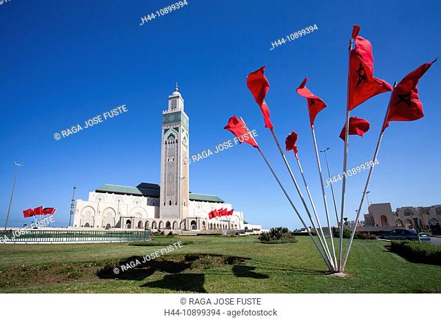 Morocco, North Africa, Africa, Casablanca, Hassan II, mosque, highest, top, minaret, 210 ms, Morocco, North Africa, Africa, flags, banners, red