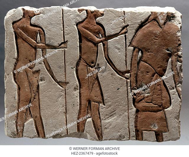 Incised block (talatat), Ancient Egyptian, Amarna period, c1350-1334 BC. A sunken relief carved in limestone, depicting soldiers
